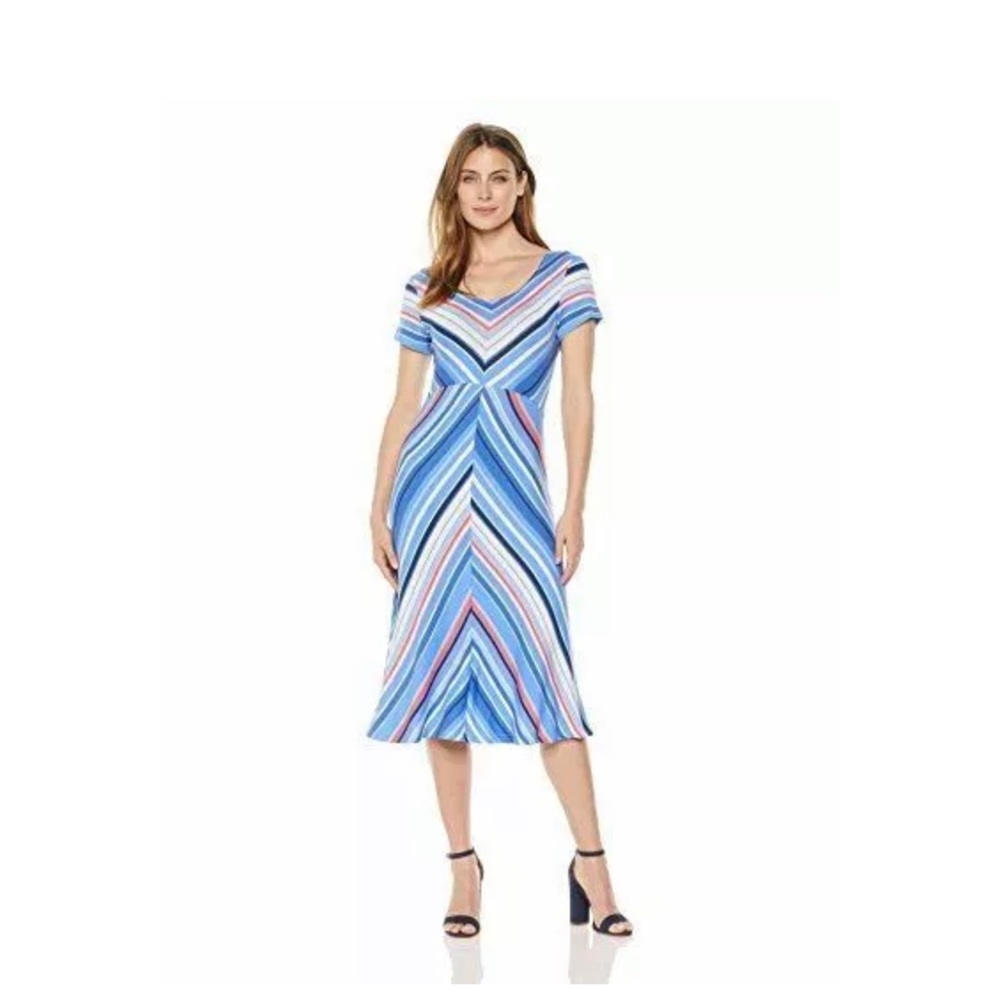 New Skyes The Limit Women’s Short Sleeve Blue Barcode Stripe Mitered Dress sz M
